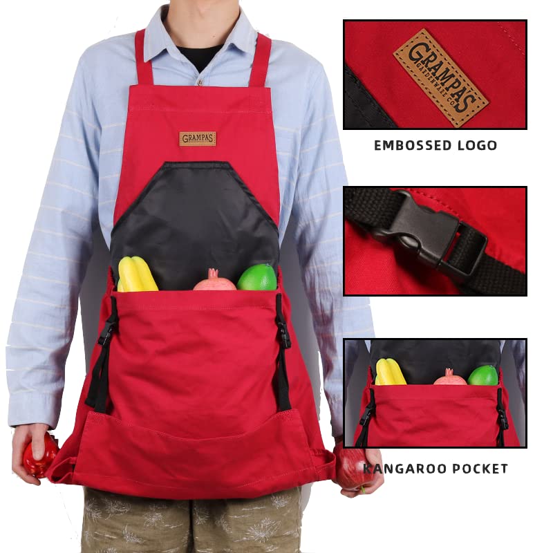 Grampa's Weeder Grampa's Garden Apron - Cross Back Gardening Apron With Pockets For Women & Men | Harvest Apron with Large Kangaroo Pouch (Red) - Image 3